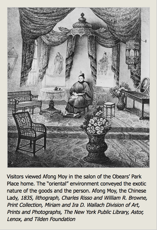 An old illustration of Afong Moy in the salon at Obears' Park Place home. 